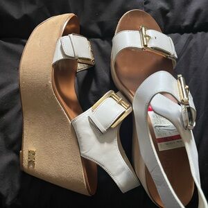 Michael Kors White and Tan Wedge Sandals